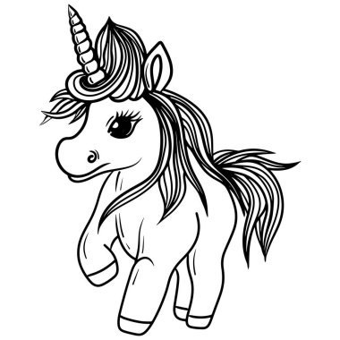 Boyama kitabı ya da aktivite sayfası için şirin tek boynuzlu at. Yazdırma ve diğer tasarım için Vektör Tekboynuz
