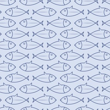 Açık mavi arka planda izole edilmiş mavi balık deseni. Vektör illüstrasyon grafiği.