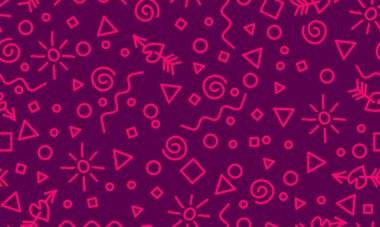 Mor üzerinde enerjik soyut karalama şekilleriyle eğlenceli geometrik dans