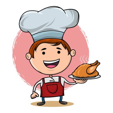 Tatlı çizgi film şefi kızarmış tavuk servis ediyor.