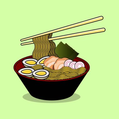 Açık yeşil arka planı olan geleneksel bir Ramen kasesi.