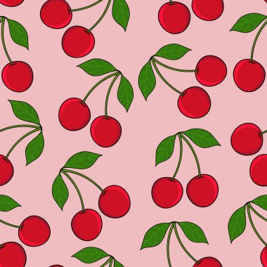 Yeşil yapraklı ve saplı pembe arka planda kırmızı kirazlar