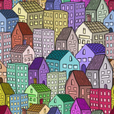 Evler ve binalarla dolu düz bir şehir silueti.