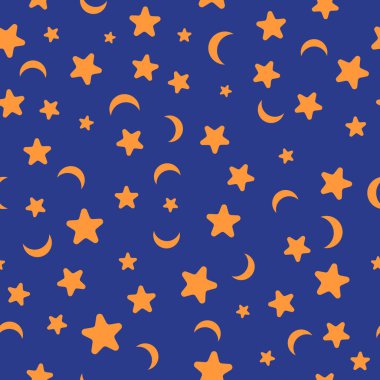 Turuncu yıldızlar ve hilal ayları koyu mavi arkaplana dağılmış.