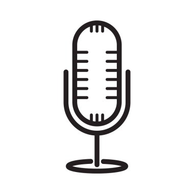 The black and white illustration shows a retro-style microphone on a stand. Suitable for podcasts, recording studios, or vintage-themed graphic projects.