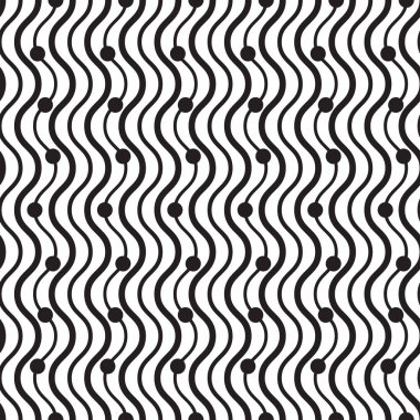 Abstract black and white pattern with wavy lines, swirls and dots. Ideal for modern art and design projects.