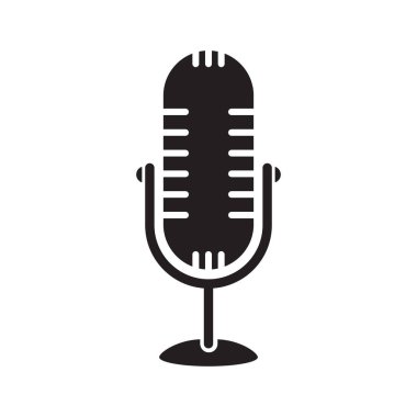 A black-and-white microphone silhouette with grid lines and a sturdy base. Ideal for audio, podcast, broadcast, or music projects.