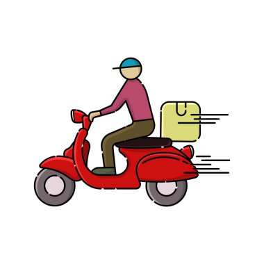 Yüksek hızda kırmızı scooter kullanan bir teslimatçı, bir paket taşıyor. Görüntü hızlı kurye hizmetleri, fast food dağıtımı ve e-ticaret lojistiğini temsil ediyor.