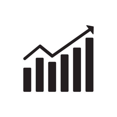 İlerlemeyi, iş büyümesini veya finansal başarıyı temsil eden yukarı doğru ok ile yükselen bir çubuk grafiğini gösteren siyah bir simge. Gösterge panelleri, analiz ya da raporlar için harika