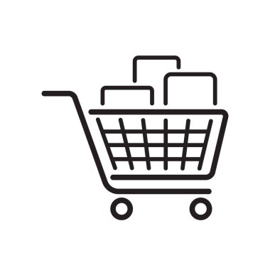 Kutularla dolu, e-ticareti, çevrimiçi alışverişi veya perakende alışverişi temsil eden bir alışveriş arabasının temiz çizgi sanat simgesi.