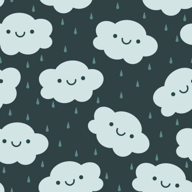 Şirin bir kawaii tarzı, gülümseyen bulutlar ve küçük yağmur damlaları. Kırtasiye malzemeleri, bebek kıyafetleri, dijital baskılar ve temalı davetiyeler için mükemmel..