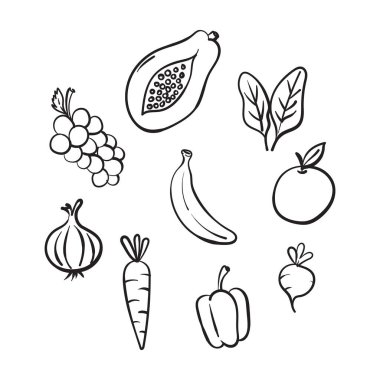 Çeşitli meyve ve sebzelerin yer aldığı siyah beyaz çizgilerden oluşan temiz ve basit bir koleksiyon. Boyama sayfaları, sağlıkla ilgili tasarımlar, eko-etiketler ve eğitim materyalleri için mükemmel.