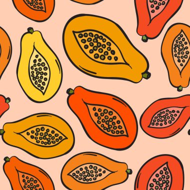 Eğlenceli ve renkli papaya meyvesi motifi, modern, çizgi film tarzında çizilmiş, yaratıcı projeleriniz için tropikal titreşimler ve taze enerji uyandırıyor. Parmak izi, tekstil ve markalaşma için ideal..