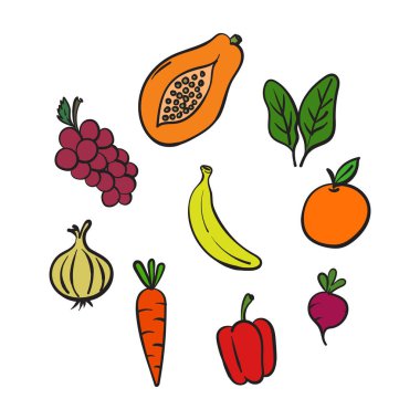 Beyaz arka planda renkli, el çizimi meyveler ve sebze çizimleri. Muz, papaya, üzüm, soğan, havuç, ıspanak ve daha fazlasını içerir. Ekolojik etiketler, beslenme rehberleri ve çocuk öğrenme araçları için mükemmel.