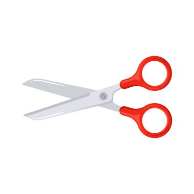 Kırmızı plastik saplı makasın dijital bir çizimi, keskin gümüş bıçaklar. Eğitim materyalleri, ofis grafikleri, tasarım araçları için ideal.