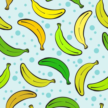 Çeşitli olgunluk aşamalarında elle çizilmiş muz çizimleri, parlak, köpüklü mavi bir arkaplana saçılmış. Tropikal ve yaz tasarımları, tekstil, ambalaj ve dijital sanat için ideal.