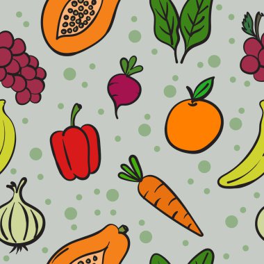 Yumuşak yeşil bir zemin üzerinde papaya, muz, havuç ve soğan gibi renkli meyve ve sebzelerden oluşan tuhaf, el yapımı bir desen. Çocuk ürünleri, mutfak dekorasyonu, ekolojik ambalaj ve gıda markaları için mükemmel..