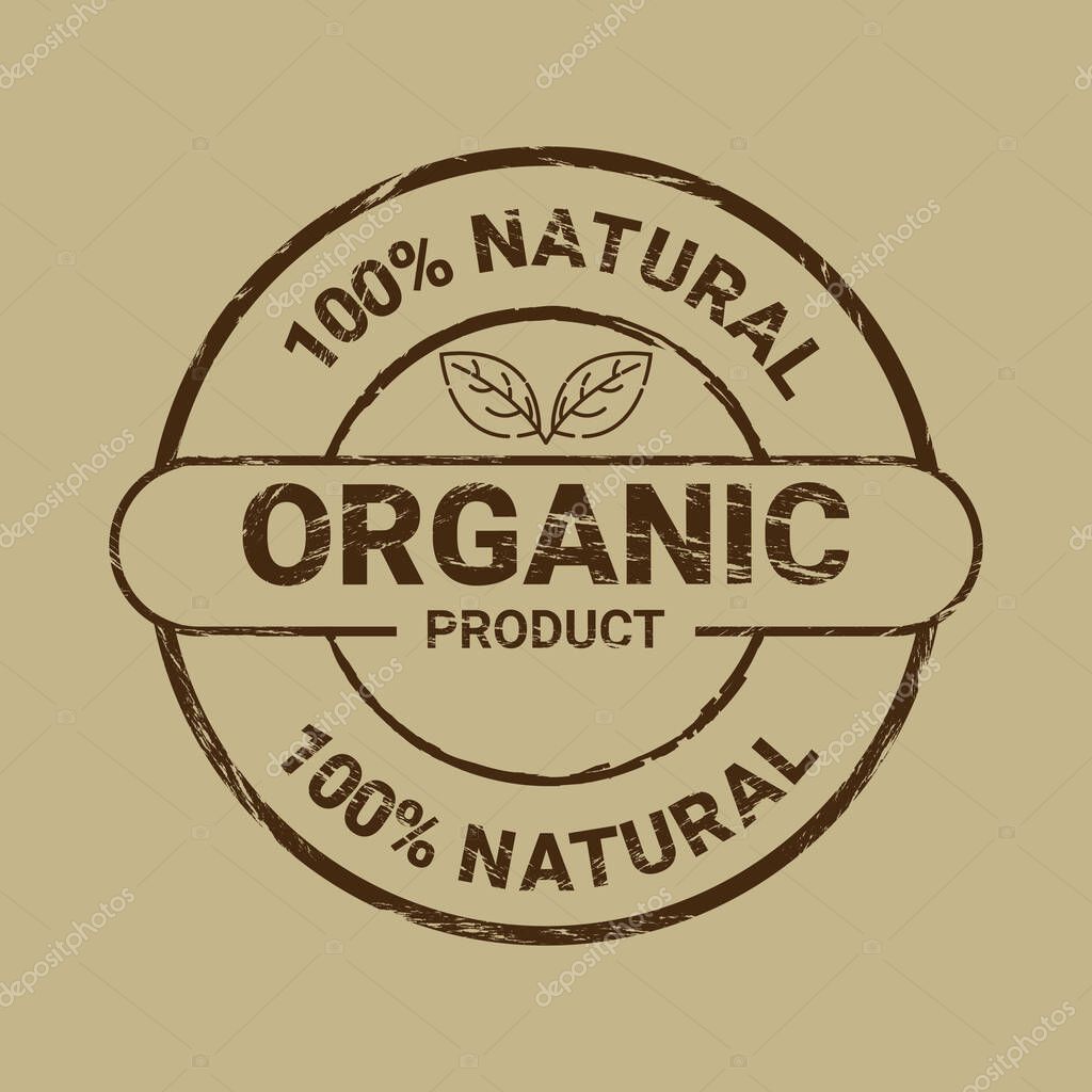A distressed round stamp in earthy tones with a clean leaf illustration and bold organic claim, ideal for branding eco-conscious or handmade goods.