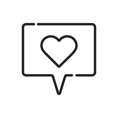 Sohbet baloncuğunun içindeki minimalist siyah çizgi ikonu, sevilmeyi, sosyal medya bağlantısını ve dijital aşkı sembolize ediyor. UI / UX tasarımları, uygulamaları ve web siteleri için ideal.