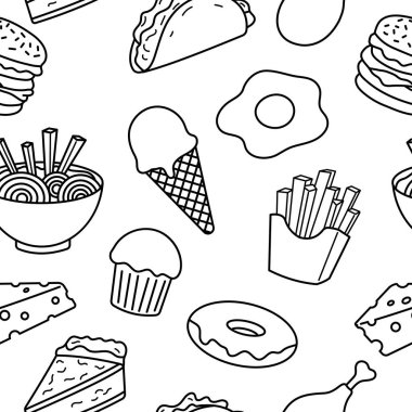 İkonik atıştırmalıklar ve fast food ürünleriyle dolu hoş bir monokrom deseni. Markalaşma, menüler ya da kağıt ve çıkartma paketleme gibi DIY yazdırma tabloları için ideal.