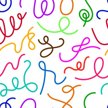 Soyut sanat eserleri beyaz arkaplanda renkli karalamalar ve döngüler içerir. Yaratıcılığı ve biçim özgürlüğünü kucaklayan geçmiş, ambalaj veya moda tasarımı için idealdir..