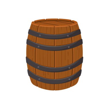 Siyah metal çemberli geleneksel ahşap bir varilin detaylı bir vektör stili çizimi, klasik tasarımlar, oyunlar veya eğitim malzemeleri için mükemmel..