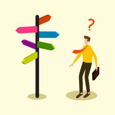 Renkli bir işaret direğine bakan ve birden fazla yönü olan bir işadamının, hayattaki ya da kariyer yollarındaki kafa karışıklığını ya da karar verme güçlüğünü temsil eden bir çizimi. Kafasının üstündeki büyük soru işareti belirsizliği simgeliyor..