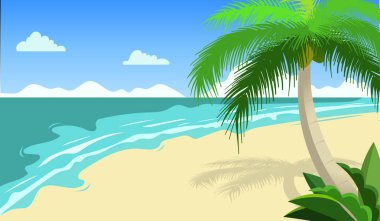 Canlı bir tropikal plaj sahnesi. Turkuaz dalgalar, yumuşak altın kum ve bereketli palmiye ağaçları. Parlak mavi gökyüzü altında bir yaz kaçamağı için mükemmel..