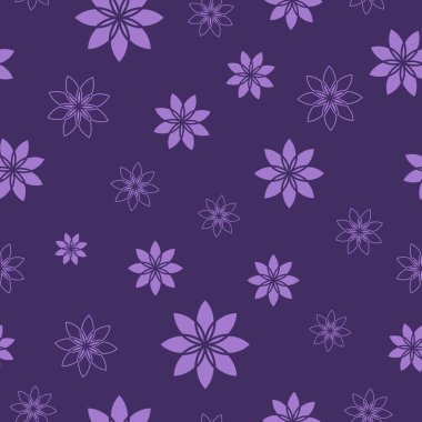 Alacakaranlık mor tabanlı lavanta gölgeli yıldızımsı çiçekleri olan göksel bir desen. Bu kusursuz vektör tasarımı kumaşlara, ambalajlara ve dijital arkaplanlara karmaşıklık katar.
