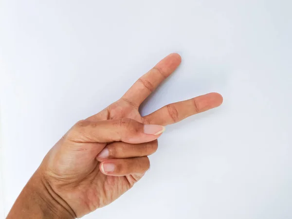 asian man hand with code 2 or peace on white isolated background