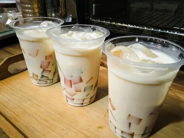 cold drink called yakujel consists of yakult, milk, jelly. very suitable to quench thirst..fresh and healthy