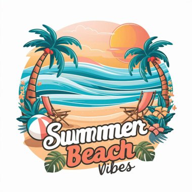 Palmiye ağaçları, dalgalar ve güneş ile yaz vektör tasarımı. Yaz partisi tasarımı, yaz plajı, plaj partisi. Yaz arkaplanı güneş ve palmiye ağaçları