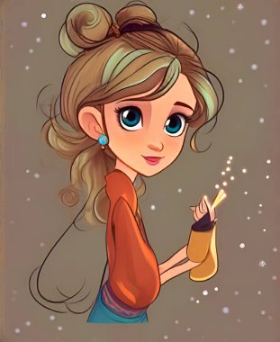 Kış ormanında küçük bir kızın çizgi film karakteri.