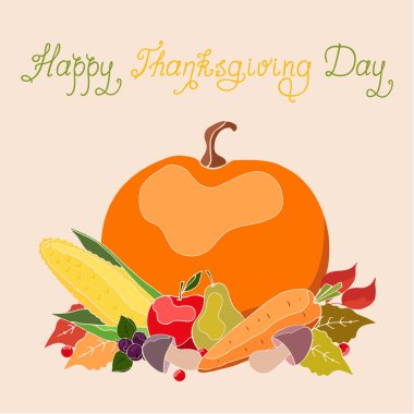 Şükran Günü 'nde meyve ve sebze hasadı kutlu olsun. El çizimi vektör sanatı. El çizimi metin
