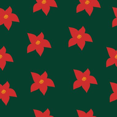 Noelde her şey tıkırında. Yeşil arka planda kırmızı çiçekler. Basit tekrarlama şablonu. Mutlu Noeller.