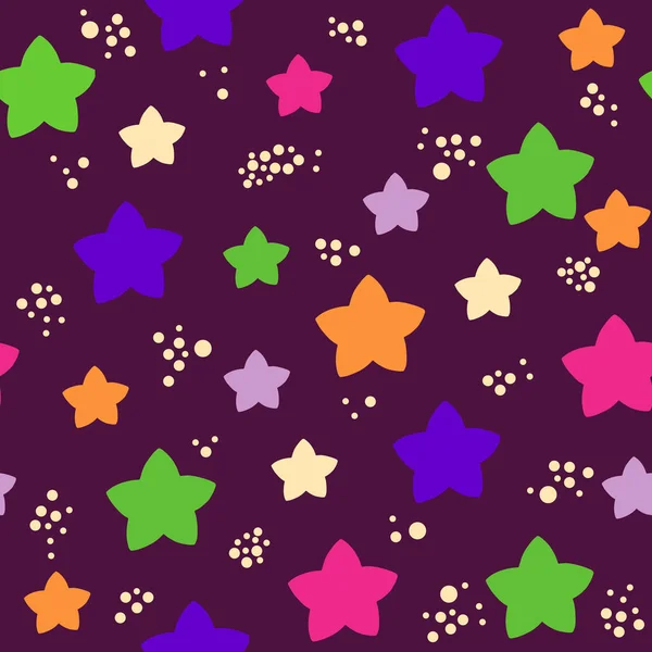 星星无缝图案的小丑色 紫色背景 矢量艺术 儿童和礼品包装 — 图库矢量图片