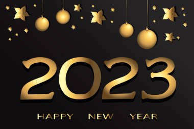 Mutlu yıllar 2023. Yıldızlar ve toplarla süslenmiş siyah arka planda altın numaralar çizildi. Vektör sanatı