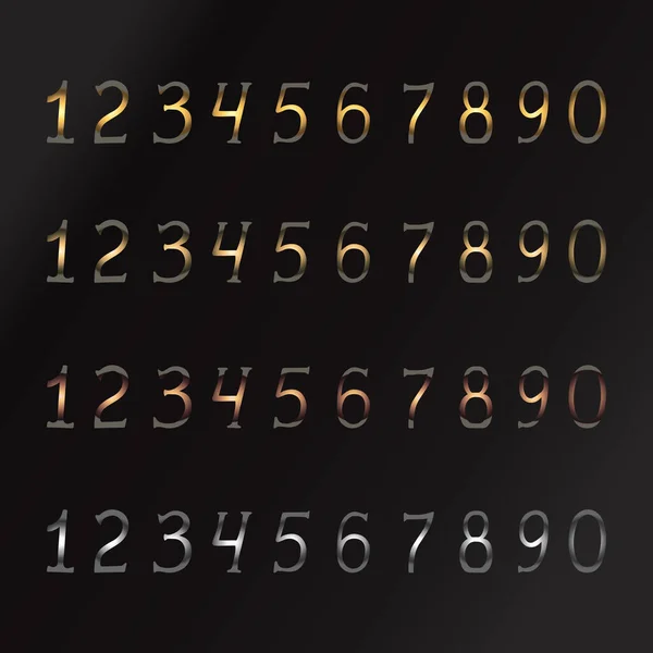 Набір Чисел Від Нуля Дев Яти Різних Кольорах Металу Золото — стоковий вектор