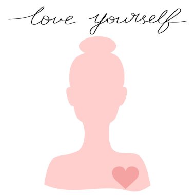 Kalp ve el yazısı olan kız silueti. Kendini sev. El çizimi sanat. Motivasyon ifadesi