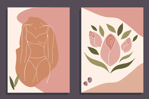 Abstrakter Frauenkörper Und Blumen Konzeptkunst Pastellfarben Handgezeichnete Vektorillustration — Stockvektor