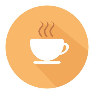 Bir fincan düz kahve ikonu. Sıcak kahve. Sarı arka planda gölgeli bir fincan. Logo için uygun. Basit düz dizayn. Vektör sanatı