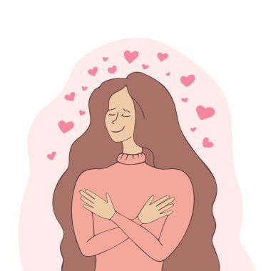 Woman holding herself. Feeling self love. Harmony. Selfcare and peace theme. Love yourself. Vector illustration