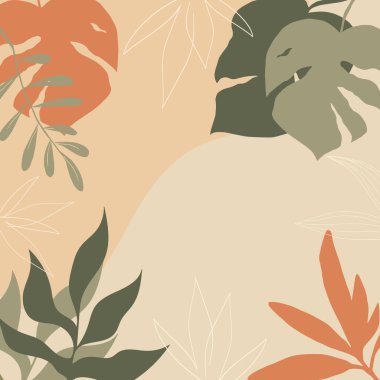 Abstract botanical foliage and leaves background in pastel colors. Beige background with hand drawn lines. Tropical leaves monstera. Plants. Organic shapes.