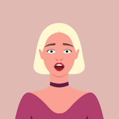 Young blonde woman scared. Frightened. Fear. Human emotions. Female. Avatar. Portrait. Flat style
