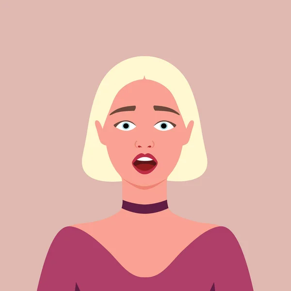 Young blonde woman scared. Frightened. Fear. Human emotions. Female. Avatar. Portrait. Flat style
