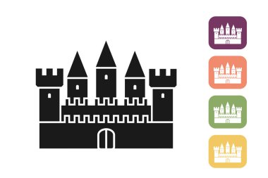 Medieval ancient castle outline icon. Fortress. Medieval architecture. Vector illustration of knight castle with walls and towers on white background and various color background