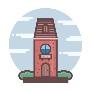 Red brick building flat icon. City architecture. Cartoon of fairytale style. Large panoramic window and balcony. Cute cottage. Icon with round sky background.