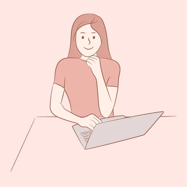 Усміхнена Жінка Сидить Ноутбуком — стоковий вектор
