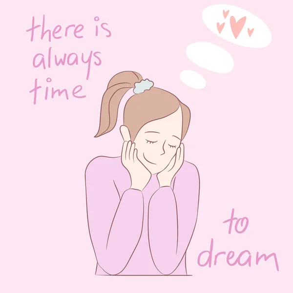 手绘粉红背景的女孩是爱的梦想 简单的素描 手绘文字总是有时间做梦 — 图库矢量图片
