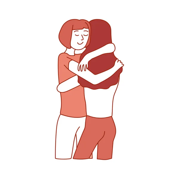二人の女の子が抱きついている 手描きのシンプルなラインアートは友情 サポートを象徴しています 淡いオレンジ色 白地に隔離された — ストックベクタ